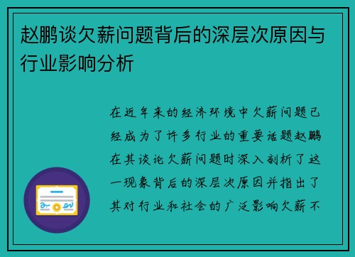 赵鹏谈欠薪问题背后的深层次原因与行业影响分析 赵鹏谈欠薪问题背后的深层次原因与行业影响分析